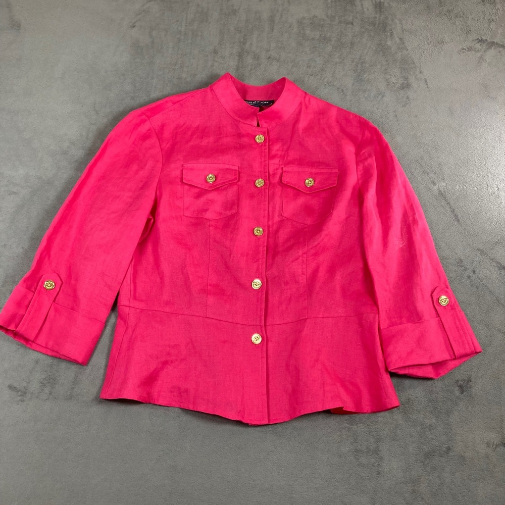 Jones New York Signature Petite Hot Pink 100% Linen Button Up top Size PS